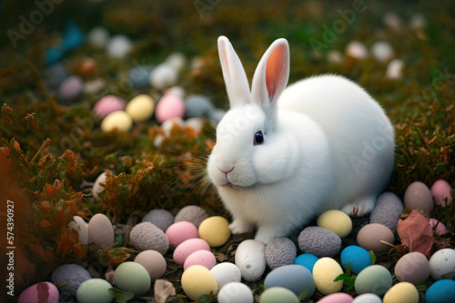Easter bunny and Easter eggs on green grass meadow