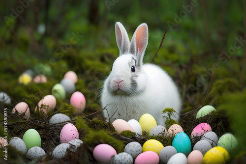Easter bunny and Easter eggs on green grass meadow