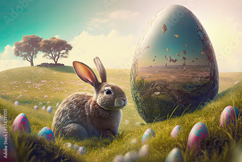 Easter bunny and Easter eggs on green grass meadow
