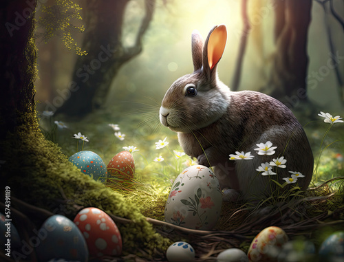 Easter bunny and Easter eggs on green grass meadow