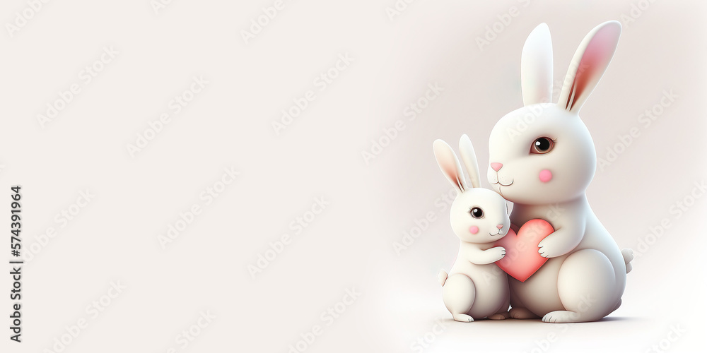 Two white rabbits - mother hare and baby bunny on light background with red hearts. Cartoon style drawing cute animals. Banner with place for text. Mother's Day greeting card. Generative AI. Two white rabbits - mother hare and baby bunny on light background with red hearts. Cartoon style drawing cute animals. Banner with place for text. Mother's Day greeting card. Generative AI.