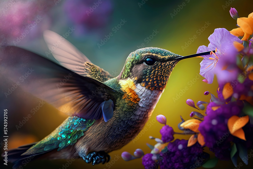 Fototapeta premium Beautiful hummingbird flying Amongst the colorful Spring Flowers. Blooming Flowers with amazing Bokeh and Featuring a elegant bird colibri at beautiful sunset. Ai generated art