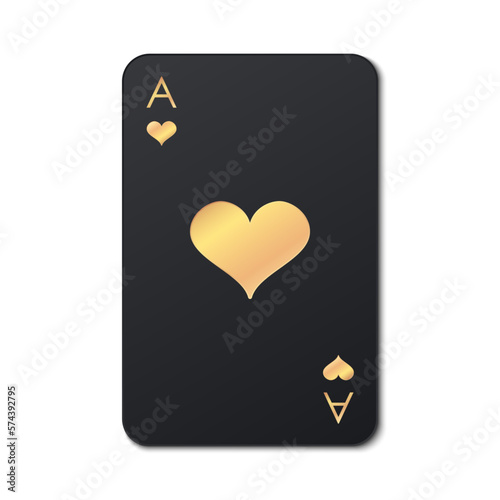 Black ace playing hearts golden card suit. Gambling card icon. A winning poker hand. Poker, gambling concept. Template for casino, web design. Vector illustration