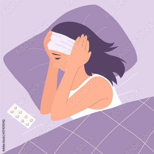 A woman in bed suffers from a headache. Symptom of illness and insomnia. Medical tablets. Flat vector illustration isolated on white background