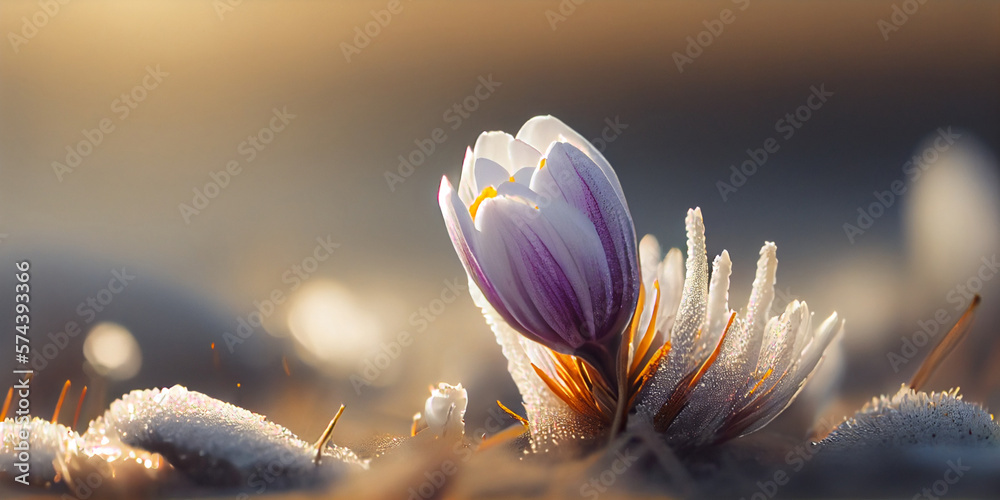 Fototapeta premium Crocus macro. Spring white flowers. Panoramic meadow landscape with blossoming plants and sun glare AI Generated