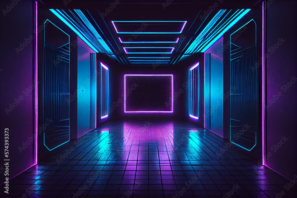 Rectangular Laser Blue Purple Glowing Sci Fi Neon Frame. Concrete Reflective Floor. Metallic Texture. Cyberpunk Synth Tunnel Corridor. Garage Warehouse in Virtual Reality. Dark Scene. Generative Ai Rectangular Laser Blue Purple Glowing Sci Fi Neon Frame. Concrete Reflective Floor. Metallic Texture. Cyberpunk Synth Tunnel Corridor. Garage Warehouse in Virtual Reality. Dark Scene. Generative Ai