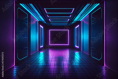 Rectangular  Laser Blue Purple Glowing Sci Fi Neon Frame. Concrete Reflective Floor. Metallic Texture. Cyberpunk Synth Tunnel Corridor. Garage Warehouse in Virtual Reality. Dark Scene. Generative Ai