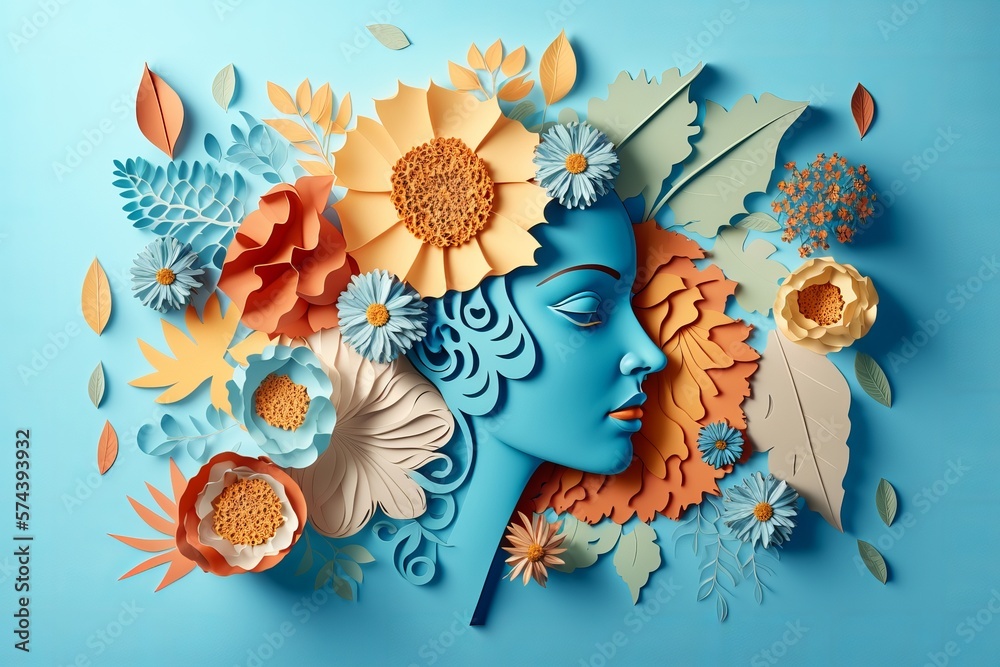 An exciting paper collage with a girl's face and flowers. A photograph symbolizing the celebration of Women's Day. AI generation. - obrazy, fototapety, plakaty 