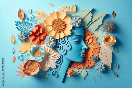 An exciting paper collage with a girl's face and flowers. A photograph symbolizing the celebration of Women's Day. AI generation.