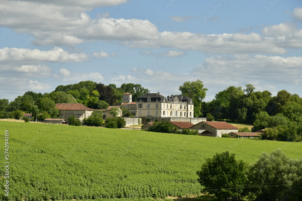 Obraz premium Paysage champêtre entre prairies ,champs et bois aux environs du château abandonné de Vendoire au Périgord Vert 
