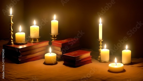Candles burning in dark room still life with cloth, books, fruit, roses. ai generated .