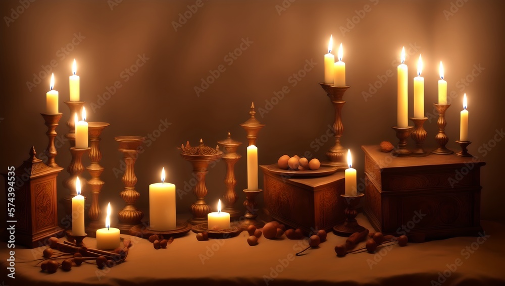 Candles burning in dark room still life with cloth, books, fruit, roses. ai generated . Candles burning in dark room still life with cloth, books, fruit, roses. ai generated .