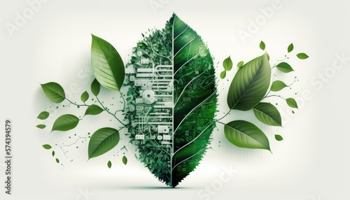 Cyber ​​security and data privacy illustration with big data or cybersecurity high-tech concept. covered in green leaves, clean ultra white studio background