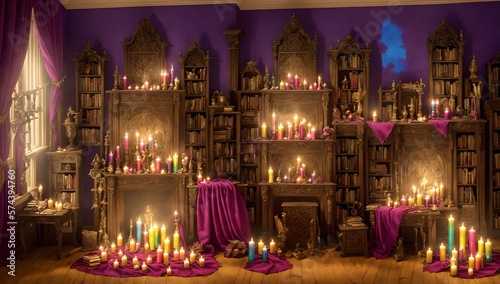 Fantasy medieval scene with bookshelves, candles and cloth in moody still life style like Vermeer, Rembrandt. ai generated.