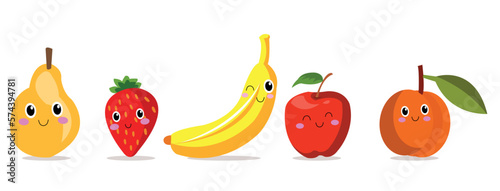 Funny Flat Cartoon Happy Yummy Fruits icons clip art vector illustration on white