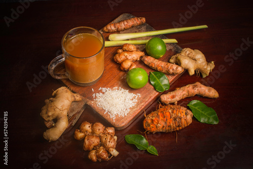 Traditional Indonesian  herbs drink called Jamu made from roots, bark, flowers, seeds, leaves and fruits