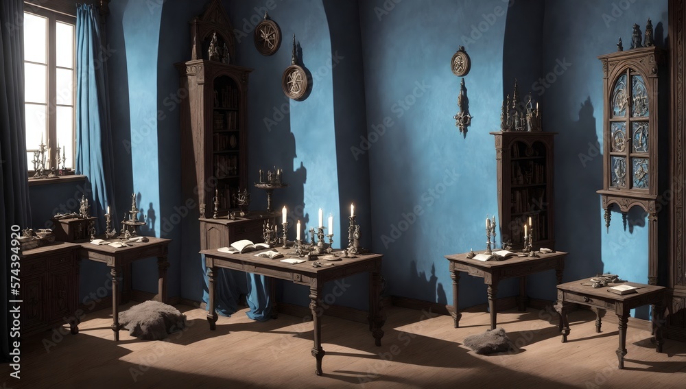 Fantasy medieval scene with bookshelves, candles and cloth in moody still life style like Vermeer, Rembrandt. ai generated.
