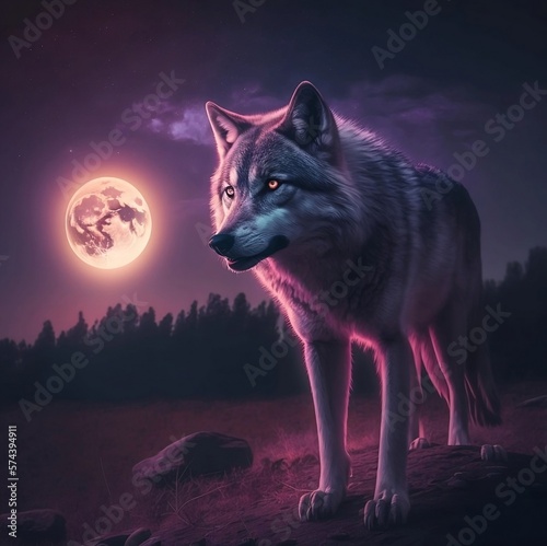 Wolf in the night with glowing moon - purple skies  wolves