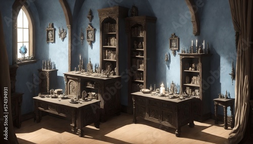 Fantasy medieval scene with bookshelves, candles and cloth in moody still life style like Vermeer, Rembrandt. ai generated.