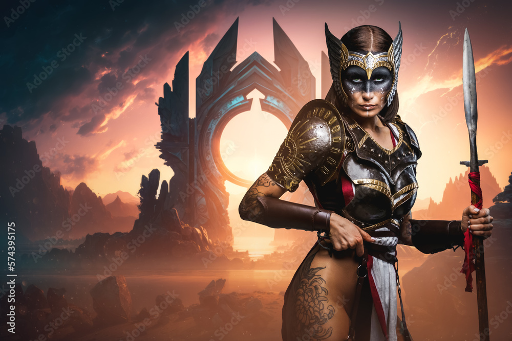Naklejka premium Portrait of fearless warrior woman from past with spear against mythical gates.