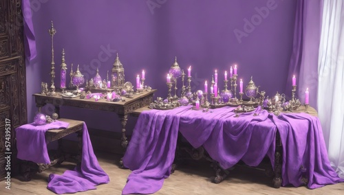 Fantasy room with purple background, cloth and religious Arabic candle and psychic crystal balls