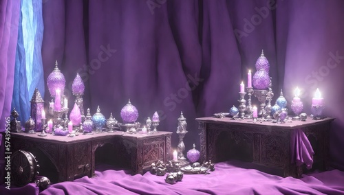 Fantasy room with purple background, cloth and religious Arabic candle and psychic crystal balls