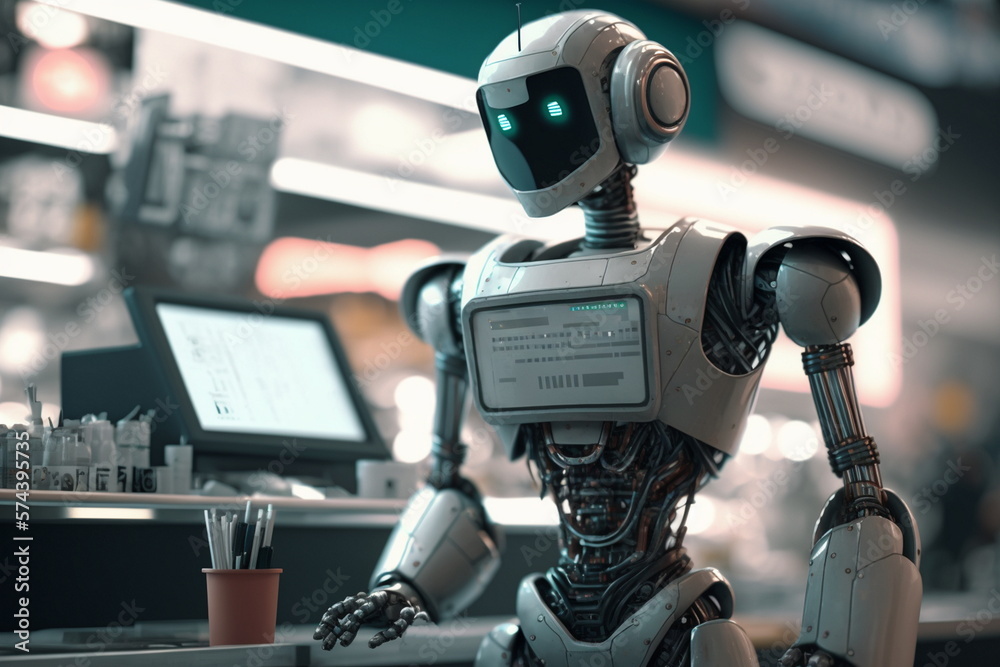 Humanoid robot work on POS system. Generative AI.