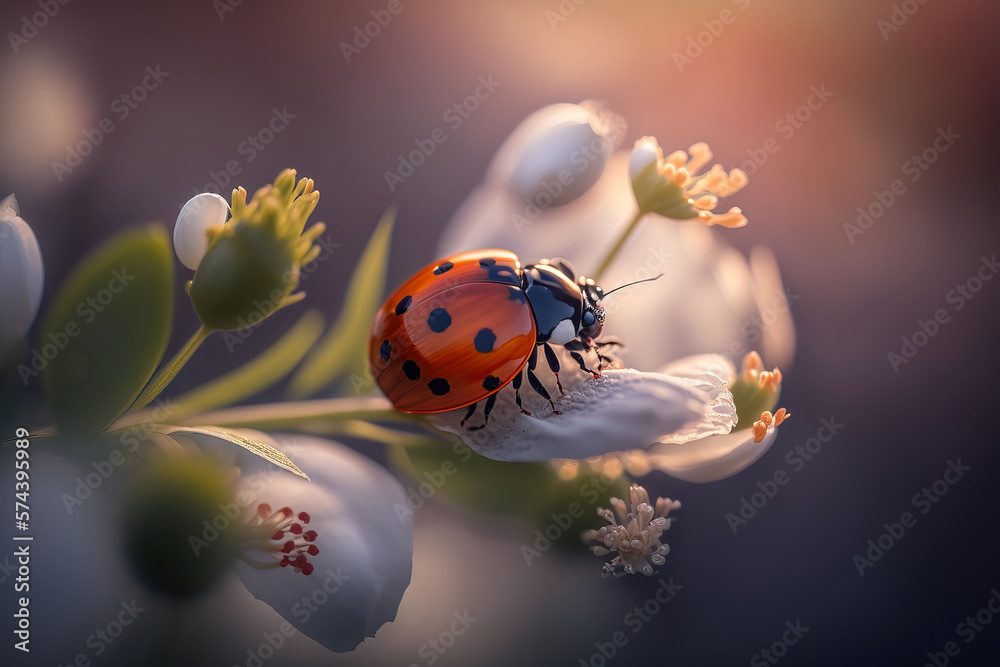 Ladybug sitting on a colorful Spring Flowers. Blooming Flowers with amazing Bokeh and Featuring a beautiful ladybug. Ai generated art Ladybug sitting on a colorful Spring Flowers. Blooming Flowers with amazing Bokeh and Featuring a beautiful ladybug. Ai generated art