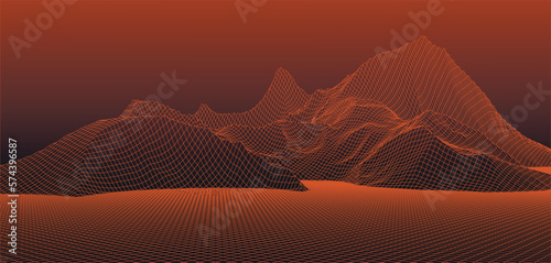 Abstract digital landscape. Wireframe landscape background. Digital landscape for presentations. 3d futuristic vector illustration.