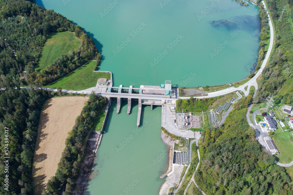 Aerial view of the water power plant Endling at the river Drau