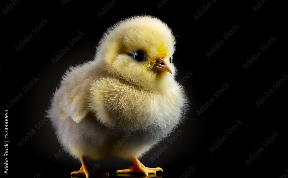 Newly hatched yellow chicken isolated on black background, Easter chick. Generative AI illustration with shallow depth of field. Newly hatched yellow chicken isolated on black background, Easter chick. Generative AI illustration with shallow depth of field.