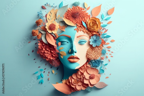 Amazing paper collage with a girl's face and flowers. An illustration created to celebrate International Women's Day. AI generation.