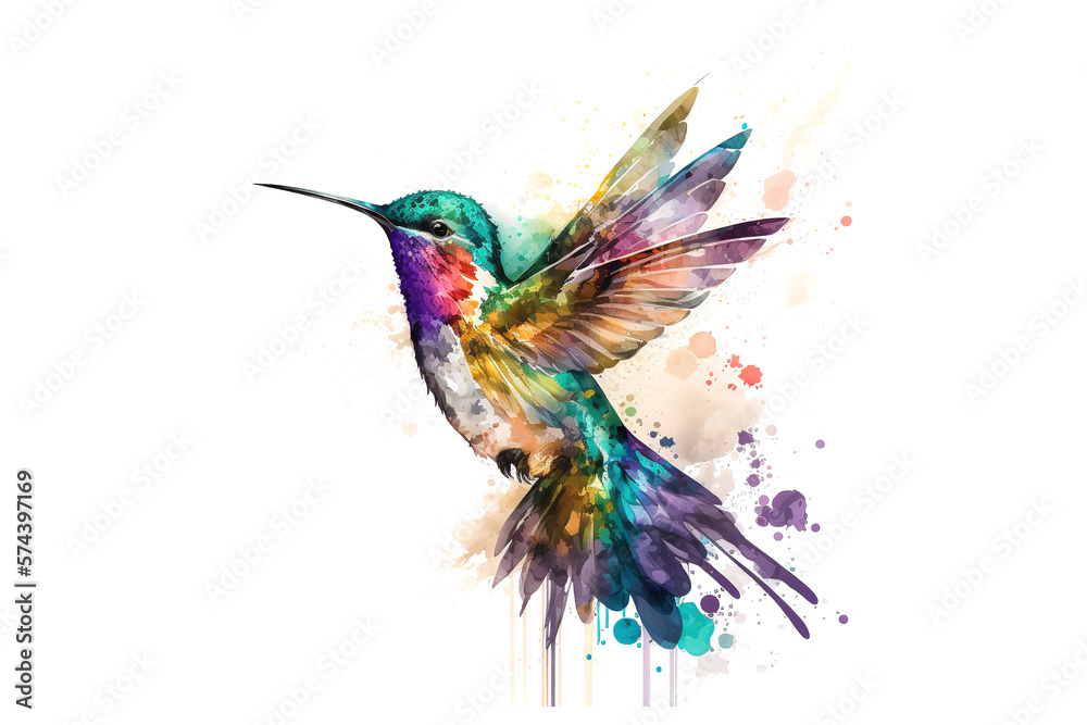 Obraz premium hummingbird drawn with colorful watercolors isolated on white background. AI generated