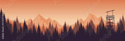 sunrise morning mountain with pine tree silhouette flat design vector banner template good for web banner, ads banner, tourism banner, wallpaper, background template, and adventure design backdrop