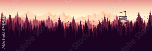 sunrise morning mountain with pine tree silhouette flat design vector banner template good for web banner, ads banner, tourism banner, wallpaper, background template, and adventure design backdrop