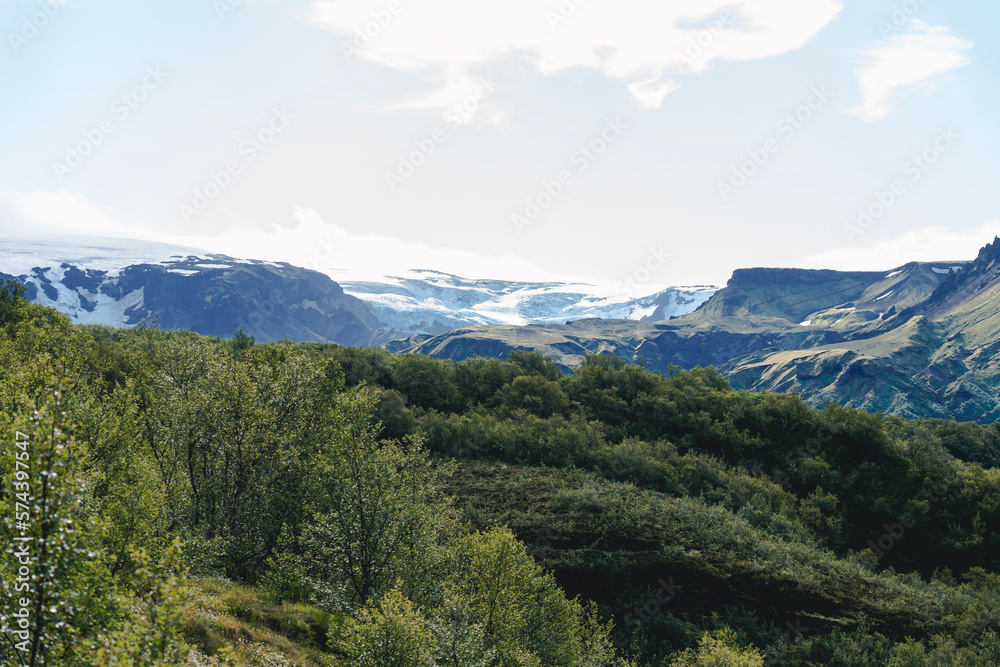 View of amazing landscape in Iceland with glacier in the back. Hiking Laugavegur trail