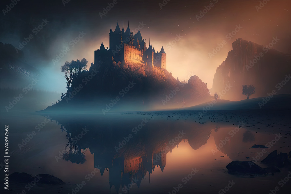 a mysterious castle on a mountain in fog. fancy. Generative AI