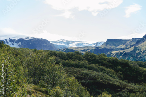 View of amazing landscape in Iceland with glacier in the back. Hiking Laugavegur trail