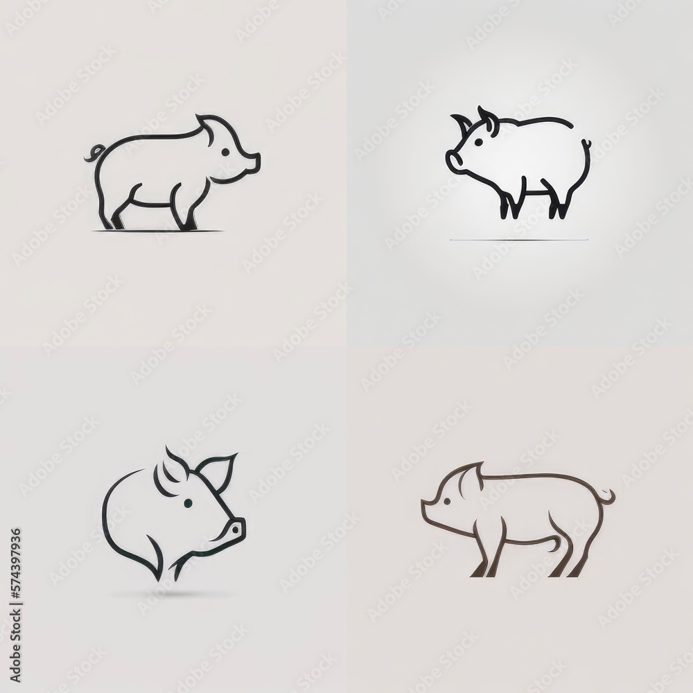 set of pig pork icons logo, simple minimal flat illustration, generative ai