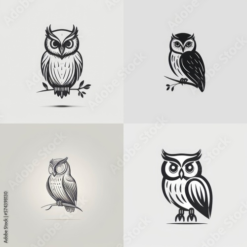 set of owl icons logo, simple minimal flat illustration, generative ai photo
