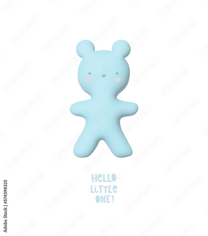 Cute Baby Shower Vector Illustration with Funny Blue Bear Toy and Handwritten Cute Baby Shower Vector Illustration with Funny Blue Bear Toy and Handwritten