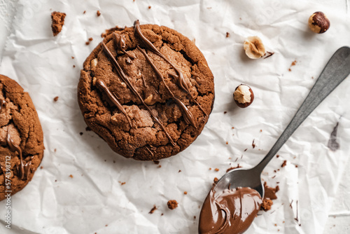 chocolate nut chip cookies on plate white background  nutella
