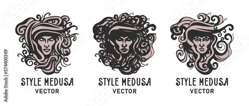 Vector set of medusa style logos. Stylistic black and white gorgon medusa head with tousled hair. Sticker, icon or emblem.