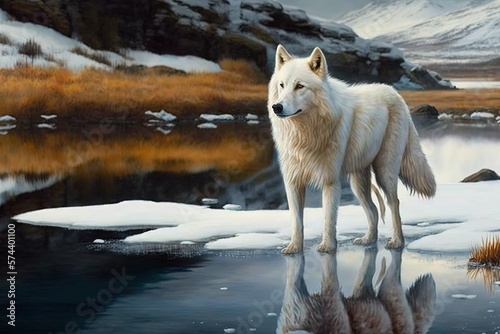 Invincible White Wolf-Spirit Roaming the Frozen Wilderness Generative AI