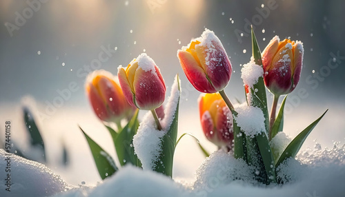 Fototapeta Naklejka Na Ścianę i Meble -  First spring flowers. Blooming tulip flowers covered snow with blurry bokeh and sparkling detail. Ai generated art