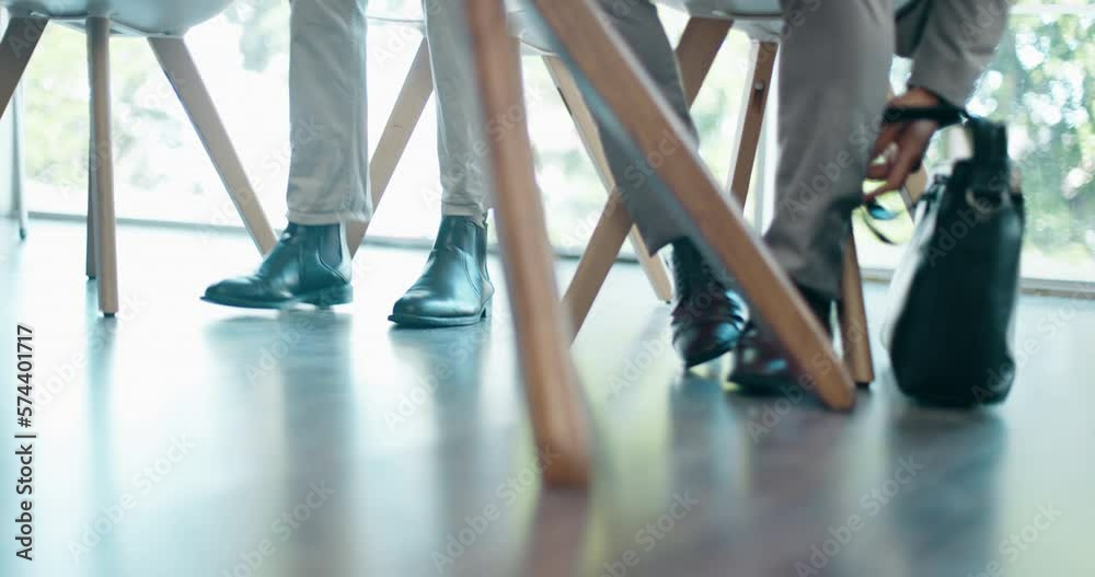 Leaving meeting, office and feet of business people in boardroom for