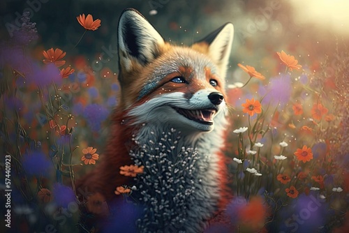 The Beauty Within: An Anthropomorphic Fox Smiling in a Glistening Field of Flowers Generative AI