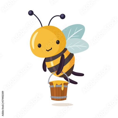 Funny bee with a full bucket of honey. Cartoon bee cute character in flat style