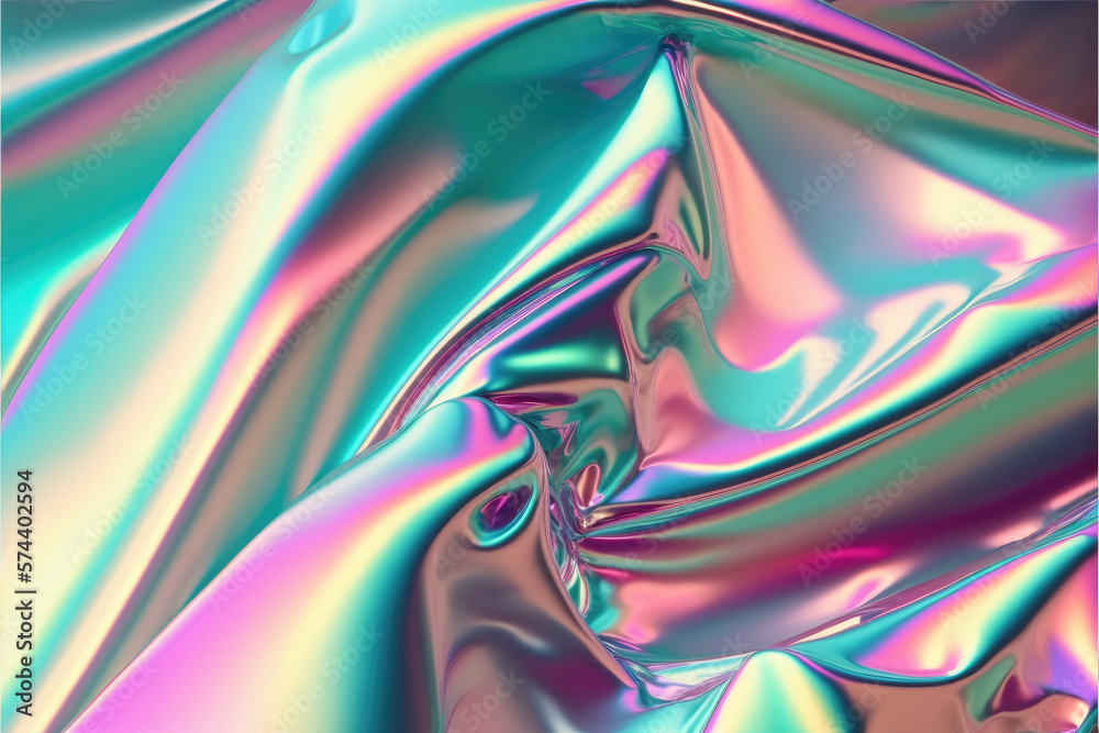 Fototapeta premium Pastel colored holographic Crumpled iridescent foil real texture background. Generative ai.
