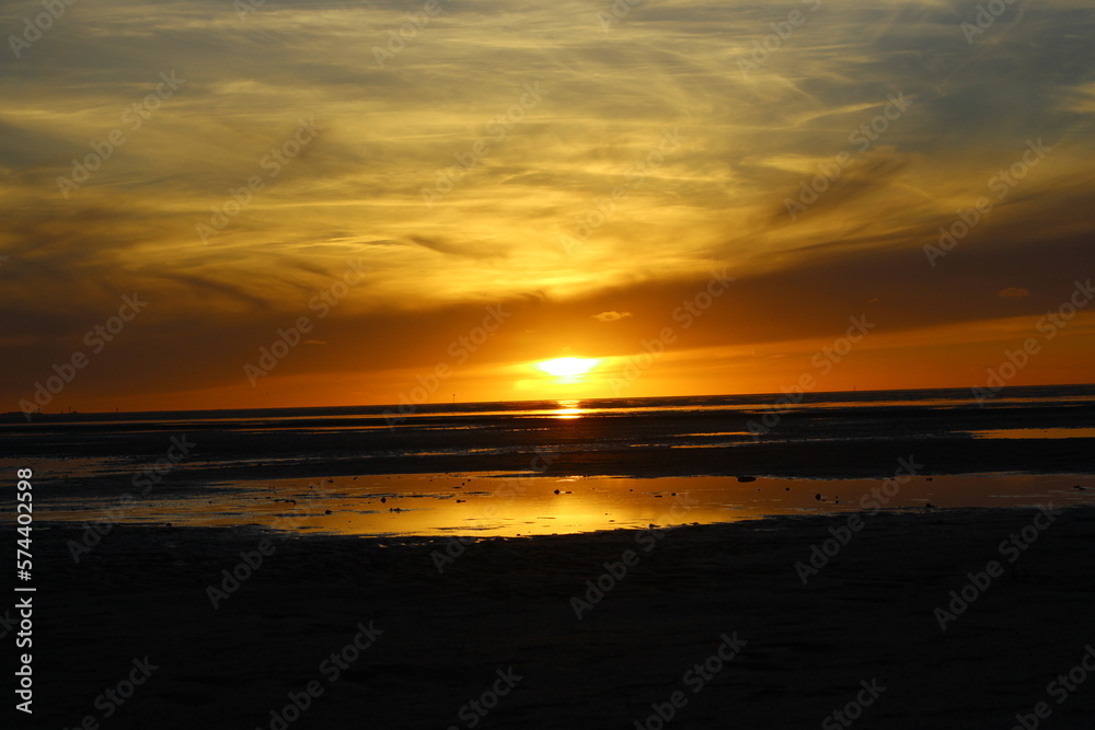 Sunset on the North Sea in the Lower Saxony Wadden Sea off Cuxhaven